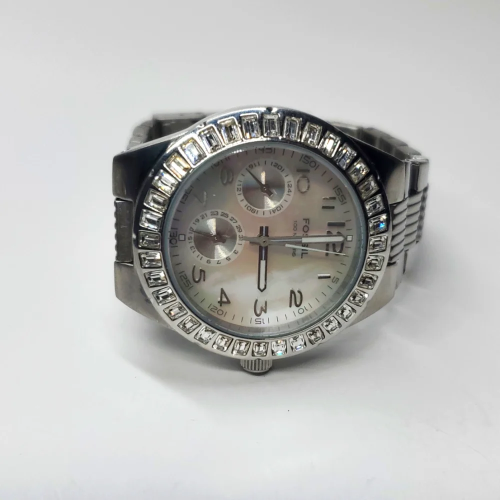 Fossil Watch BQ9360 Silver Steel Wristband Mother of Pearl Face Dual Subdial